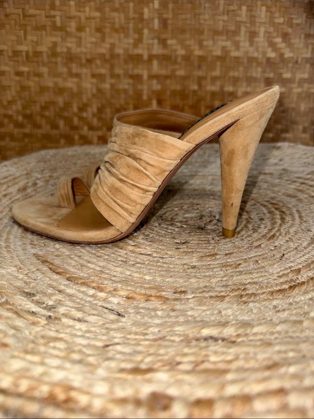 Veronica Beard Suede Tan Ruched Strap High Heel Sandals - Picture 6 of 9